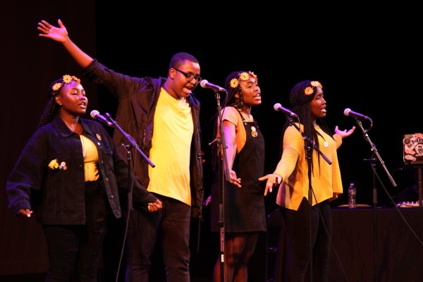 The 826 Boston Slam Poetry Team performing during the LTABMA 2018 Finals. Photo courtesy of Lauren Miller.