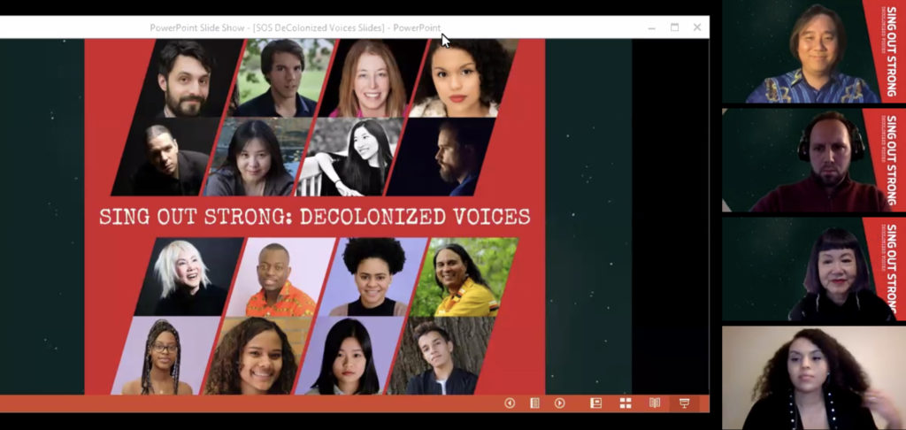 A screenshot of the virtual opera featuring the title card for White Snake Projects, Sing Out Strong: Decolonized Voices.