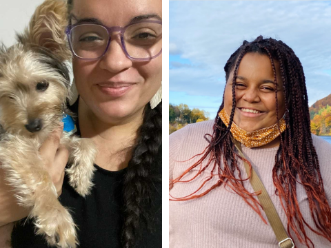 Pictured are two side by side pictures of 826 Boston team members. On the left is a picture of Sabrina Diaz, holding her dog Luca. On the right is Ariel Heim.