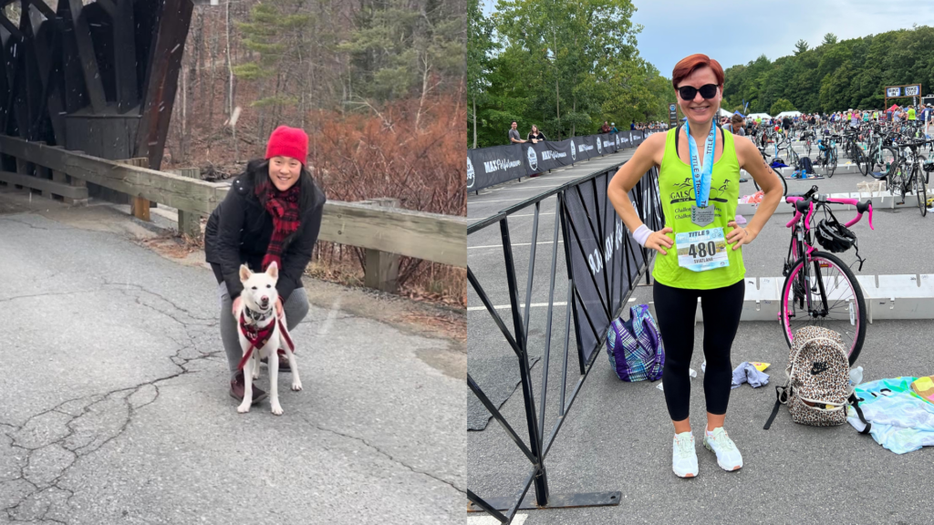 Esther Kim poses with her dog on the left. Sviatlana Rose poses with her medal after running a 5K for Gals for Cal to raise awareness of DMD.