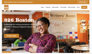 A picture of the updated homepage on 826boston.org, featuring a student smiling in a Writers' Room
